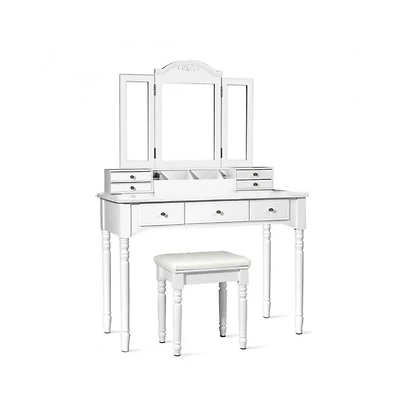 Slickblue Makeup Dressing Table with Tri-Folding Mirror and Cushioned Stool for Women