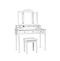 Slickblue Makeup Dressing Table with Tri-Folding Mirror and Cushioned Stool for Women