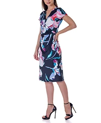 24seven Comfort Apparel Print Knee Length Short Sleeve Faux Wrap Dress