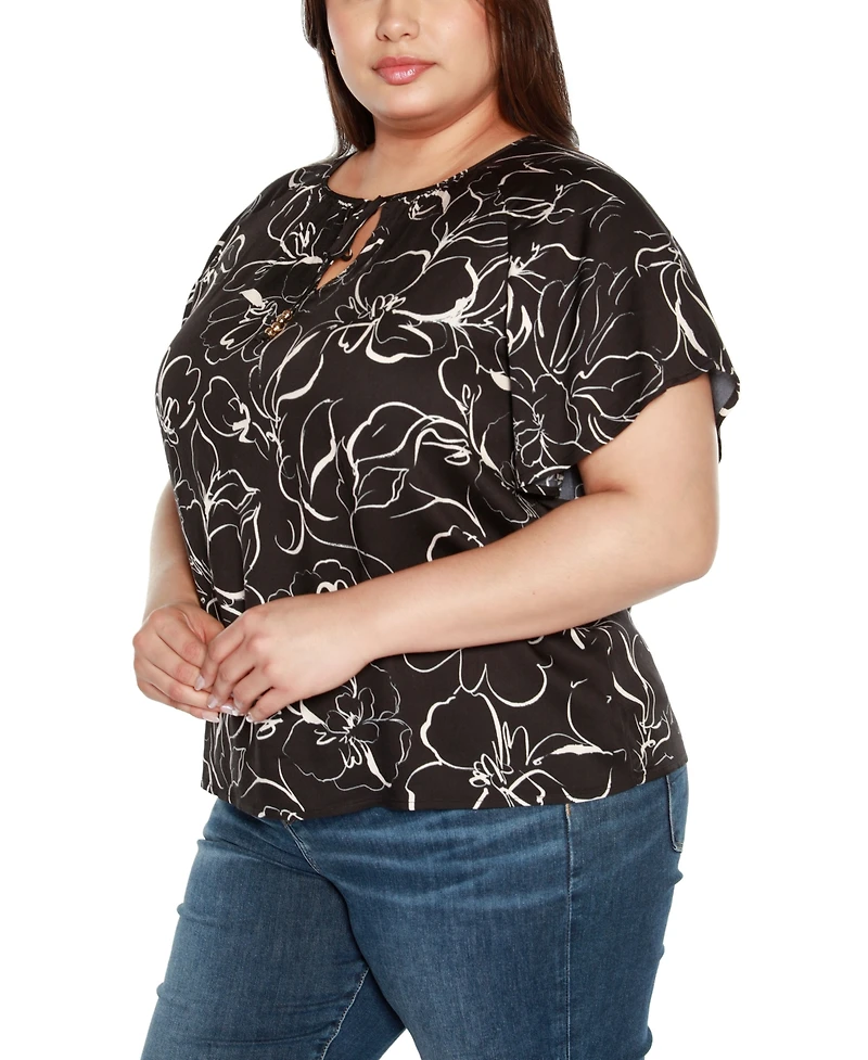 Belldini Black Label Plus Embellished Tie Neck Flutter Sleeve Top