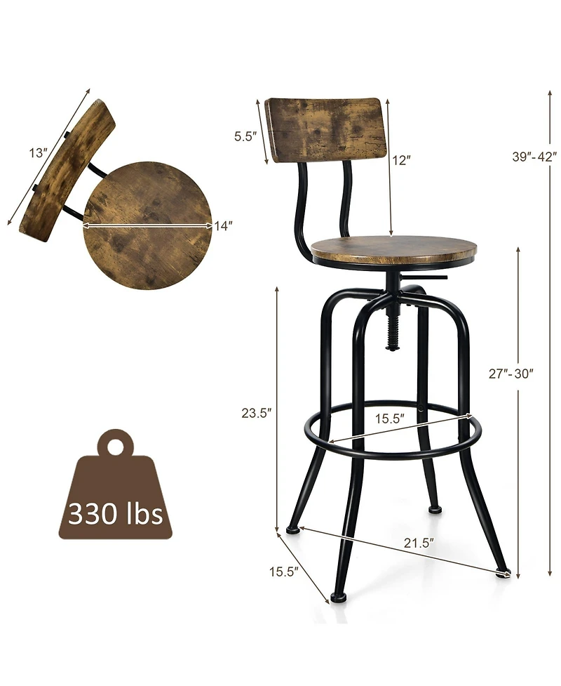 Sugift Industrial Adjustable Swivel Bar Stool with Arc-Shaped Backrest