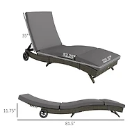 Outsunny Outdoor Reclining Lounge Chair, Pe Wicker, Rolling Wheels, Patio, Grey