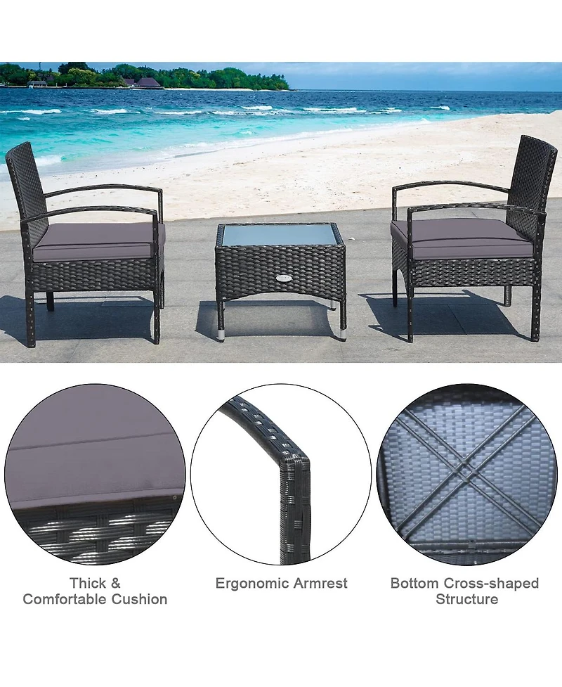Sugift 3 Pieces Patio Wicker Rattan Furniture Set with Cushion for Lawn Backyard