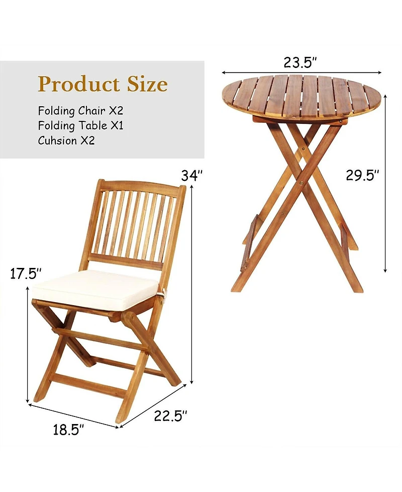 Sugift 3 Pieces Patio Folding Bistro Set with Padded Cushion and Round Coffee Table