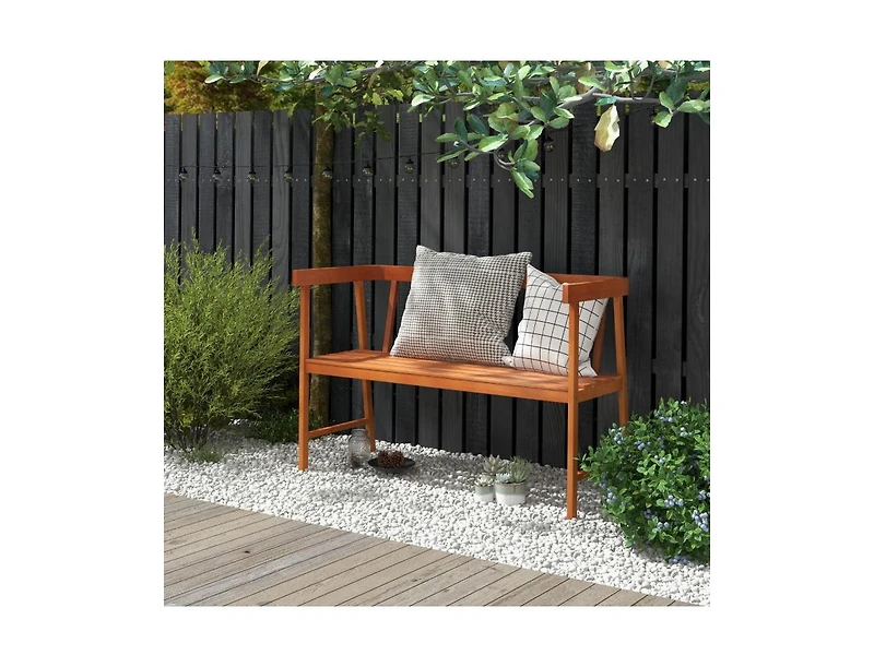 Sugift 2-Person Patio Acacia Wood Bench with Backrest and Armrests