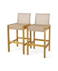 Sugift Set of 2 Rattan Patio Wood Barstools Dining Chairs with Backrest
