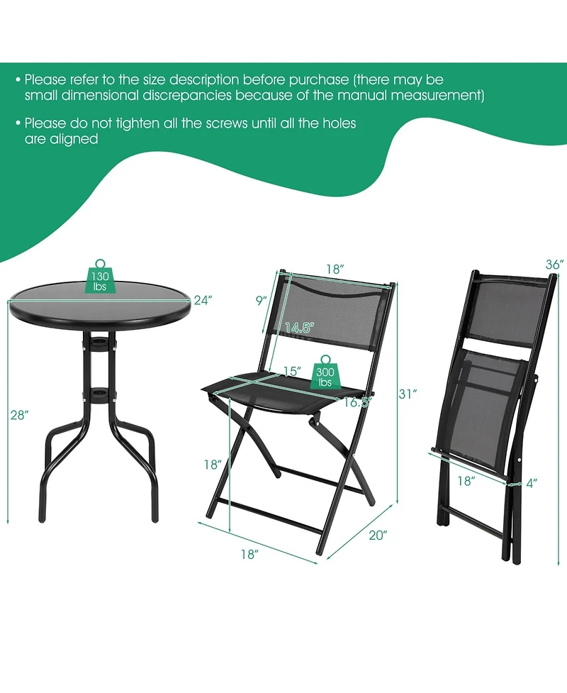 Sugift 3 Pieces Folding Bistro Table Chairs Set for Indoor and Outdoor