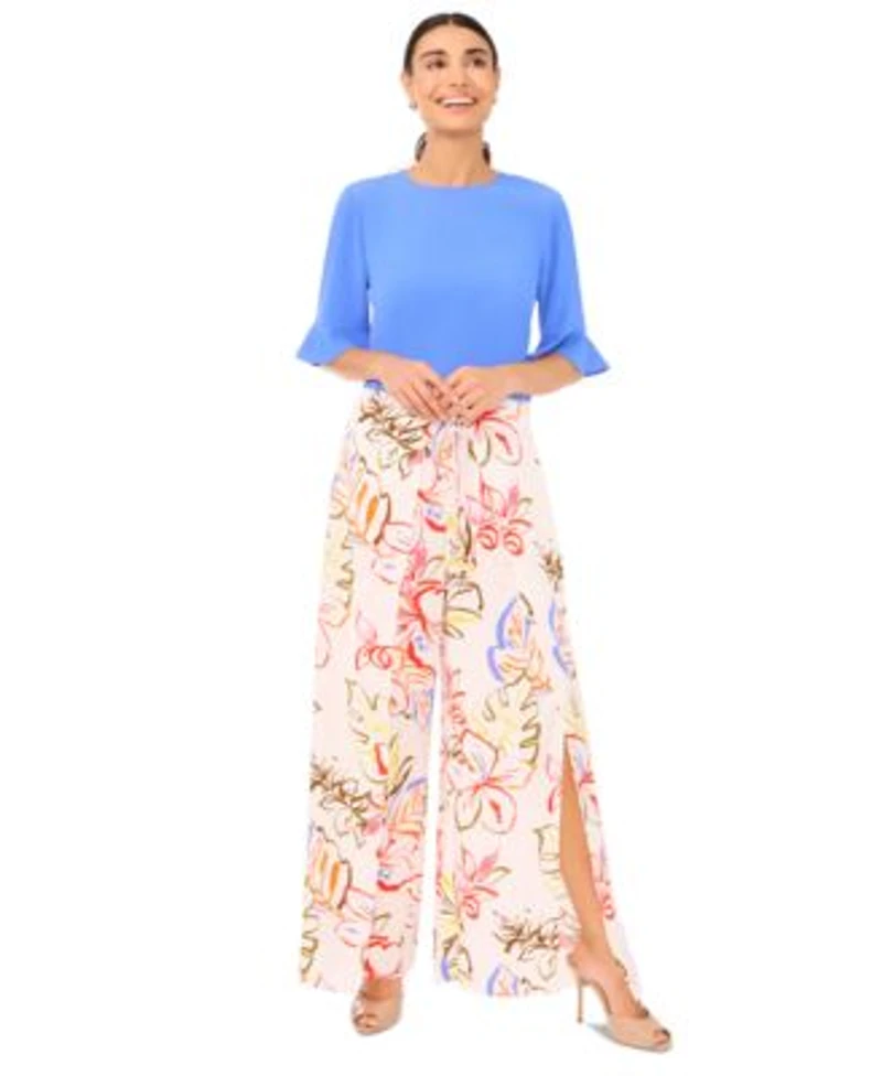 Cece Womens Ruffled Cuff 3 4 Sleeve Crew Neck Blouse Tropical Print Self Tie Overlap Pants