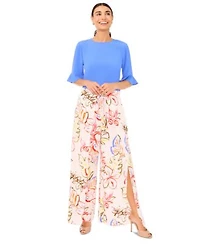 Cece Womens Ruffled Cuff 3 4 Sleeve Crew Neck Blouse Tropical Print Self Tie Overlap Pants