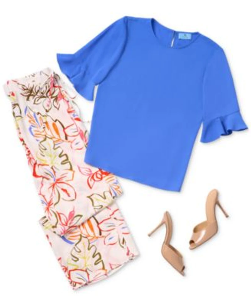 Cece Womens Ruffled Cuff 3 4 Sleeve Crew Neck Blouse Tropical Print Self Tie Overlap Pants