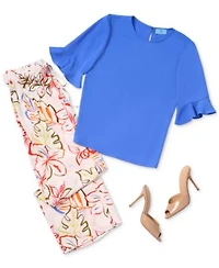 Cece Womens Ruffled Cuff 3 4 Sleeve Crew Neck Blouse Tropical Print Self Tie Overlap Pants