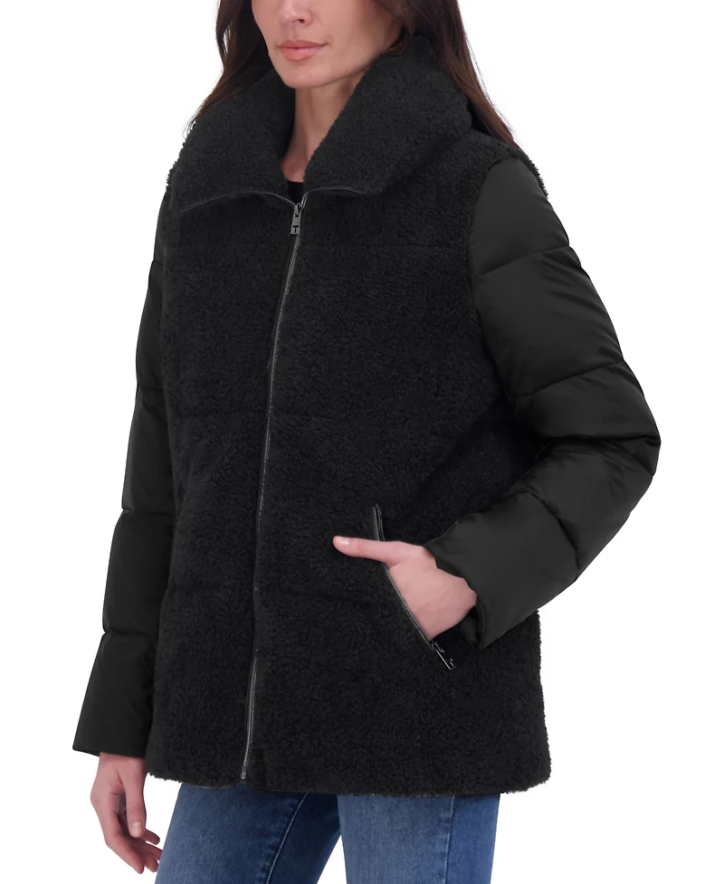Tahari Women's Mixed-Media Stand-Collar Puffer Coat