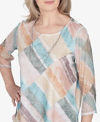 Alfred Dunner Scottsdale Women's Stained Glass Popcorn Top With Necklace