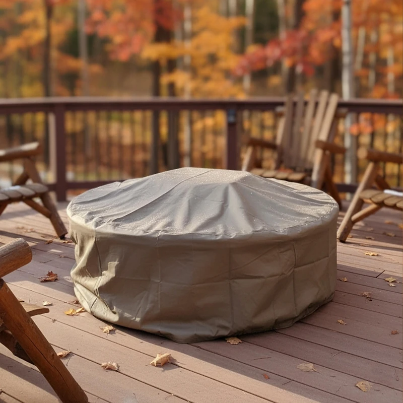 Round Outdoor Fire Pit Cover - Heavy-Duty 300D Polyester and Pvc with Drawstring Closure - Khaki - 40-Inch