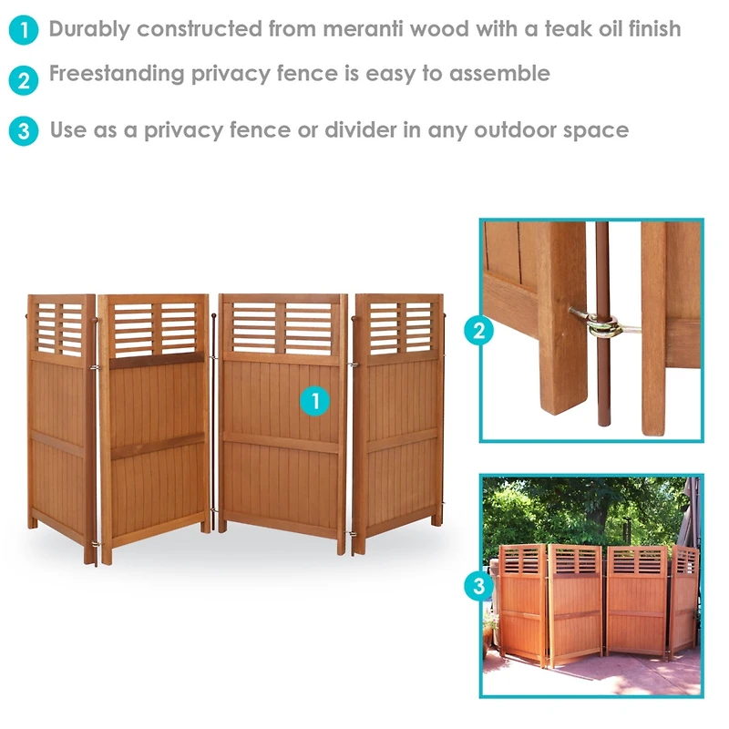 Outdoor Patio or Porch Meranti Wood with Teak Oil Finish Folding Privacy Screen Fence - 44"
