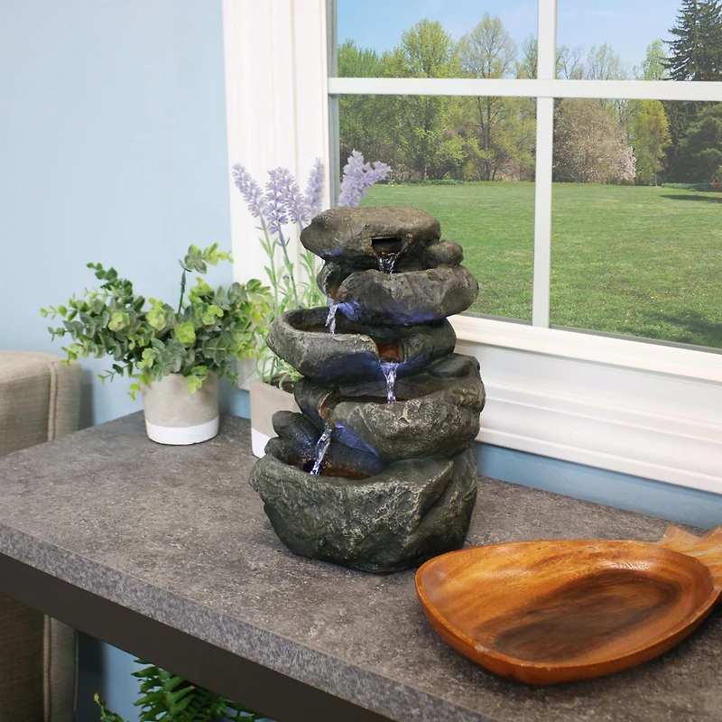 Indoor Home Decorative Relaxing Stacked Rocks Tabletop Water Fountain with Led Lights - 10"