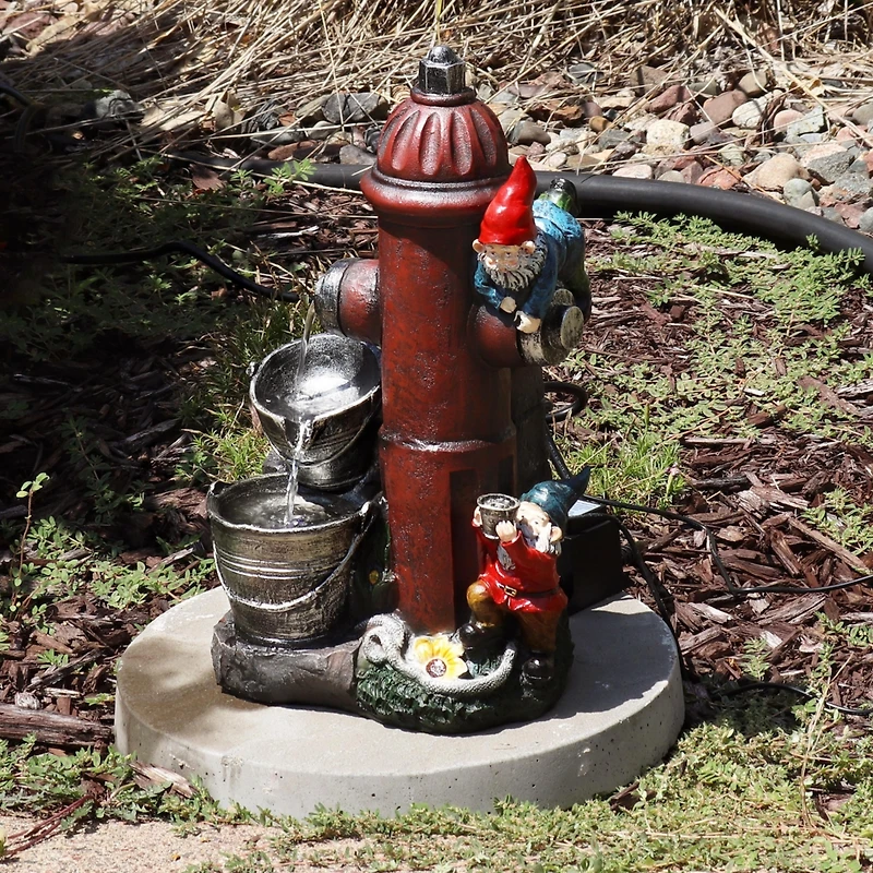 16"H Electric Polyresin Gnomes Climbing Fire Hydrant Outdoor Water Fountain with Led Light