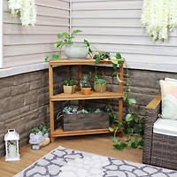 Meranti Wood 3-Tier Corner Plant Stand Shelves with Teak Oil Finish - Indoor/Outdoor Wooden Planter Furniture