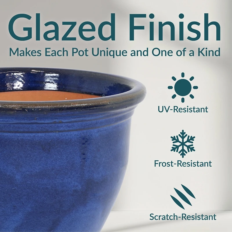 Large Ceramic Planter - Indoor or Outdoor Plant Pot with Drainage Holes - Imperial Blue Glaze Finish - 18" - Studio