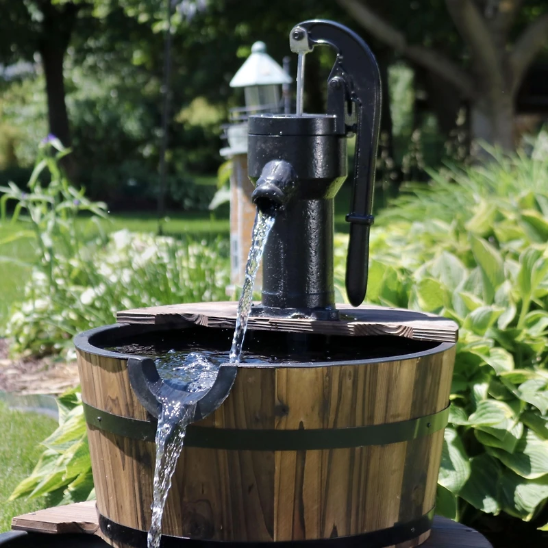 2-Tier Wood Barrel Outdoor Water Fountain - 34-Inch Waterfall Fountain with Submersible Pump - for Garden, Patio, Decks