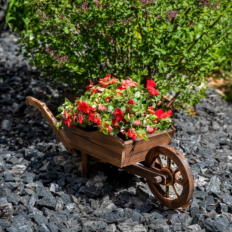 Wooden Decorative Wheelbarrow Planter for Patio, Lawn and Garden - 35" W x 10.25" D x 12" H - Brown