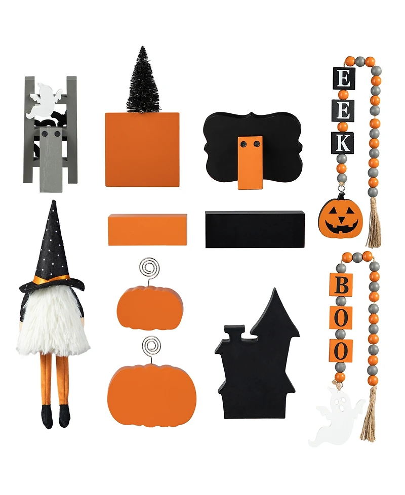 Glitzhome Halloween Wooden Word Signs and Fabric Gnome Tiered Tray Set Table Decor, Set of 11