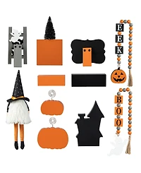 Glitzhome Halloween Wooden Word Signs and Fabric Gnome Tiered Tray Set Table Decor, Set of 11