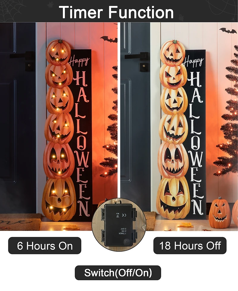 Glitzhome 42"H Lighted Halloween Wooden Stacked Pumpkins Porch Sign with Timer