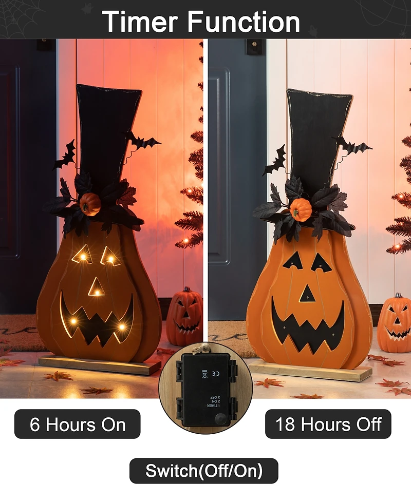 Glitzhome 29.5"H Halloween Lighted Wooden Jack-o-Lantern Porch Decor with Floral Timer