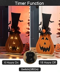 Glitzhome 29.5"H Halloween Lighted Wooden Jack-o-Lantern Porch Decor with Floral Timer