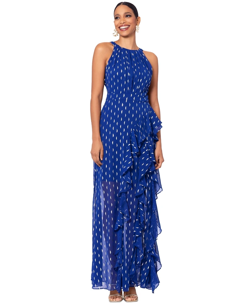 Betsy & Adam Petite Printed Ruffled Halter Gown