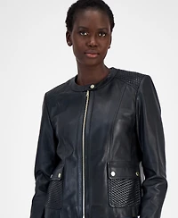 Cole Haan Women's Woven-Shoulder Zip-Front Leather Coat