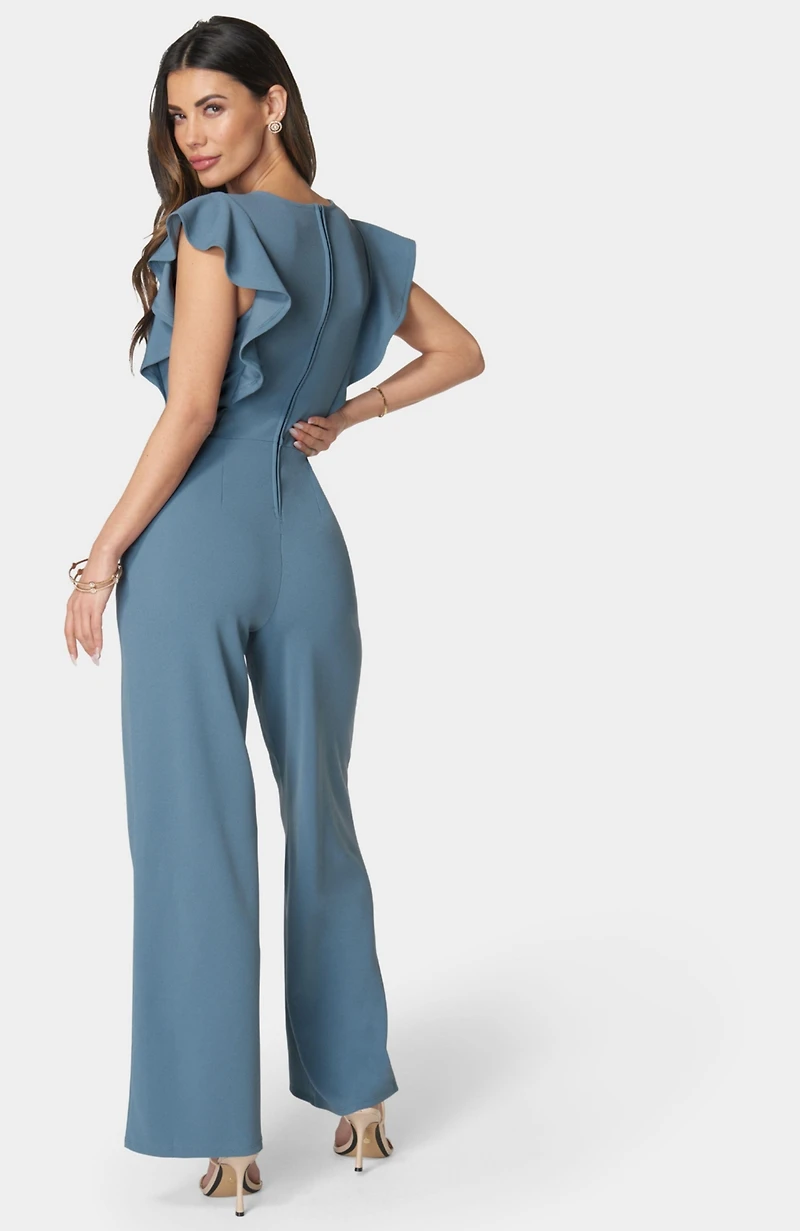 Bebe Women's Scuba Crepe Jumpsuit With Ruffle Sleeve