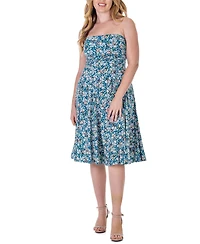 24seven Comfort Apparel Teal Floral Strapless Tube Top Flowy Knee Length Dress