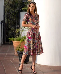 24seven Comfort Apparel Print Short Sleeve Tie Waist Midi Dress