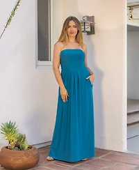 24seven Comfort Apparel Pleated A Line Strapless Maxi Pocket Dress