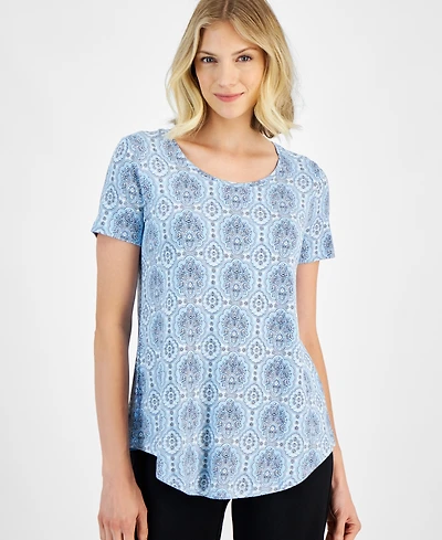 Jm Collection Women's Printed Short Sleeve Scoop-Neck Top, Created for Macy's