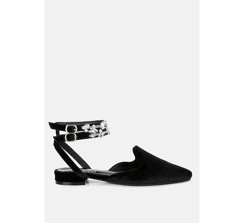 Salome Womens Embellished Ankle Strap Velvet Mules