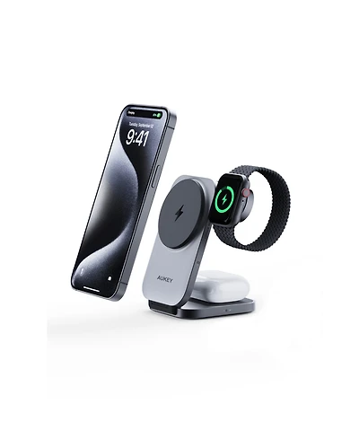 Aukey Lc-MC312 MagFusion Z Qi2 Mfw Certified 3-in-1 15W Foldable Magnetic Fast Wireless Charging Station 1.5ft Usb C-c Cable Included