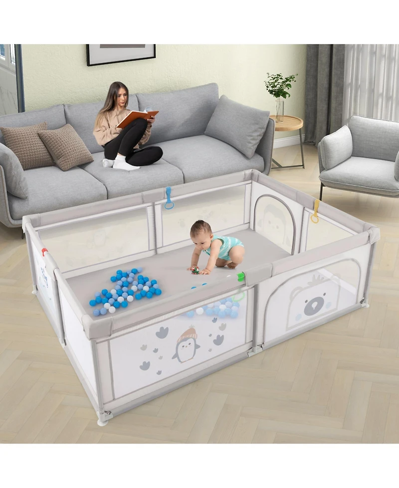 Slickblue Toddler Large Baby Playpen with Pull Rings Ocean Balls and Cute Pattern-Penguin