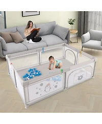 Slickblue Toddler Large Baby Playpen with Pull Rings Ocean Balls and Cute Pattern-Penguin