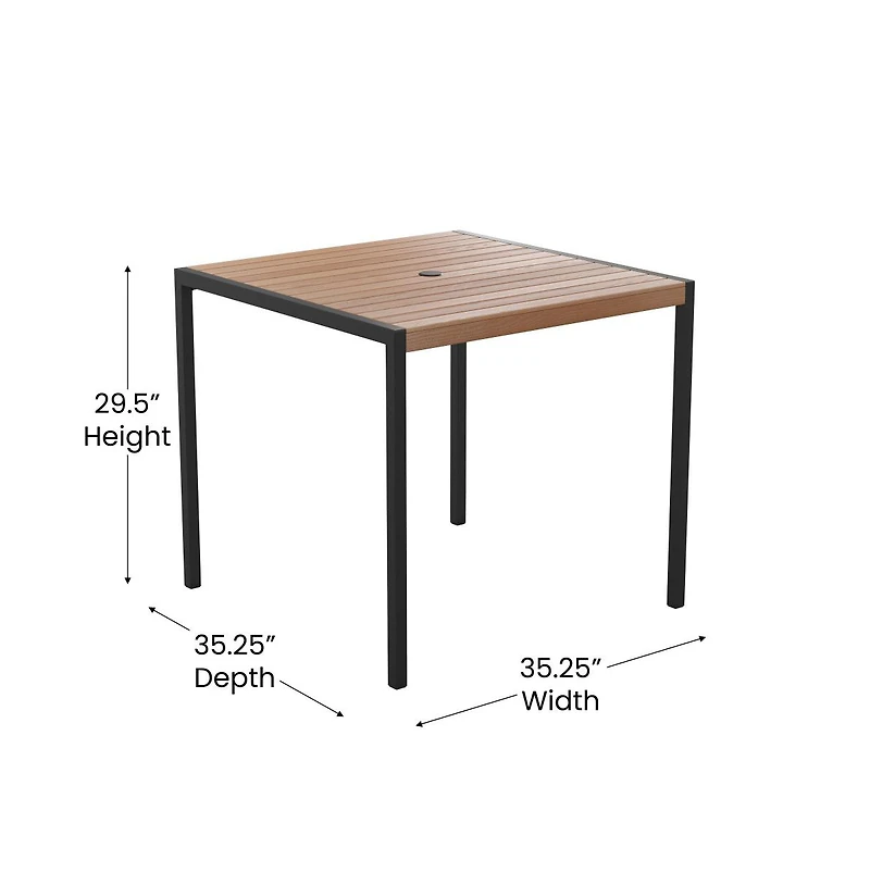 Hampstead Five Piece Faux Teak Patio Dining Set Includes Table, Two Club Chairs, 9' Patio Umbrella And Base