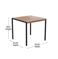 Hampstead Five Piece Faux Teak Patio Dining Set Includes Table, Two Club Chairs, 9' Patio Umbrella And Base