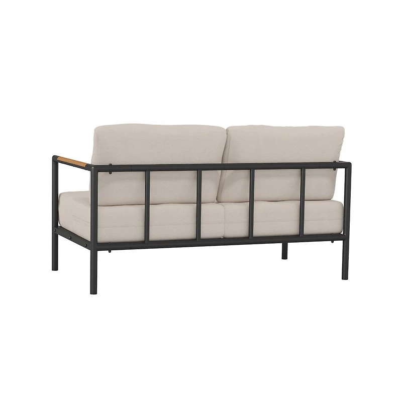 Eastport Outdoor Loveseat With Removable Plush Fabric Cushions And Teak Accented Aluminum Frame