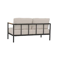 Eastport Outdoor Loveseat With Removable Plush Fabric Cushions And Teak Accented Aluminum Frame