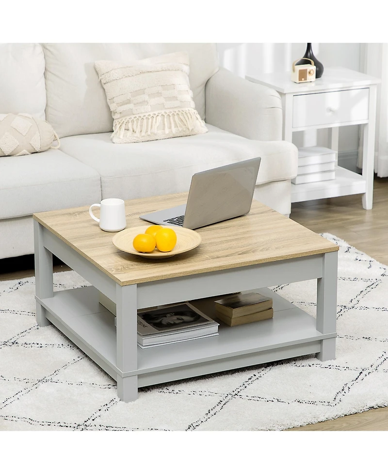 Homcom Coffee Table with Storage Shelf, Square Center Table with Thick Tabletop for Living Room, Natural and Gray
