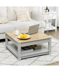 Homcom Coffee Table with Storage Shelf, Square Center Table with Thick Tabletop for Living Room, Natural and Gray