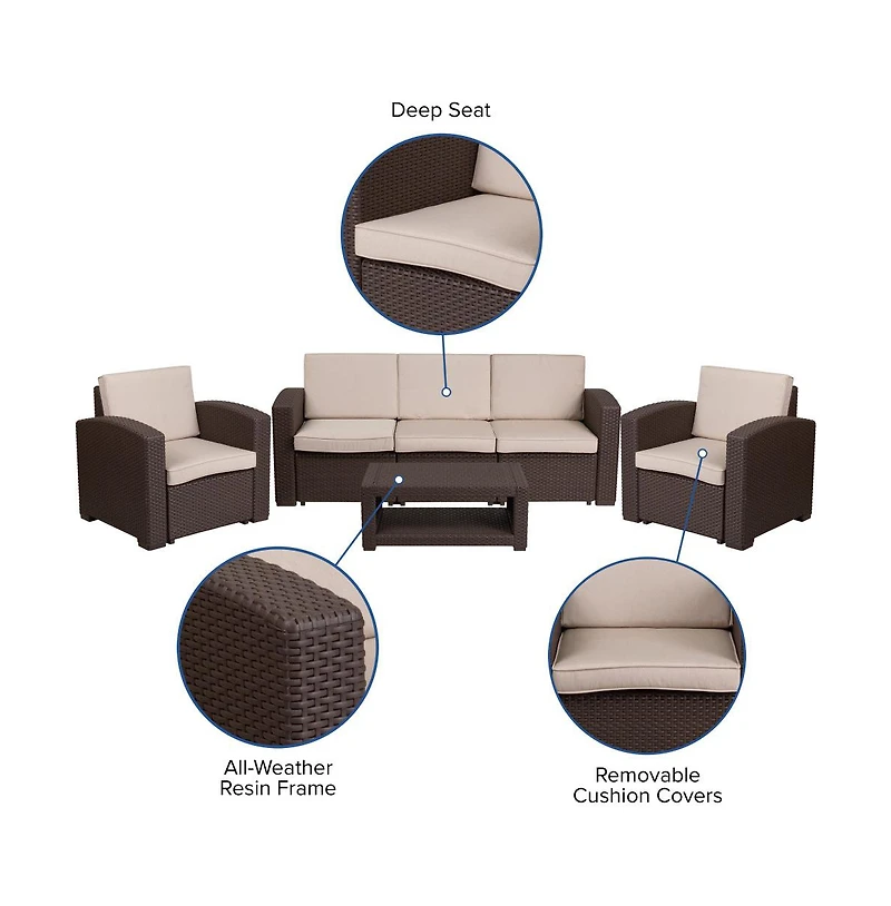 Errol 4 Piece Faux Rattan Patio Furniture Set With 2 Chairs And Sofa With Removable Beige Cushions And Table