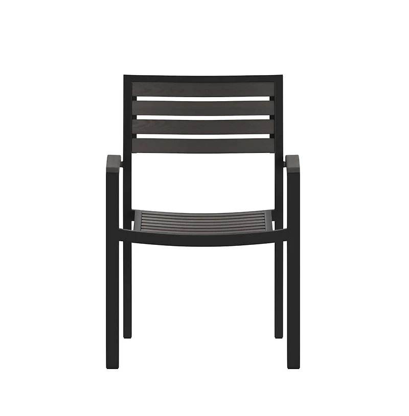 Set Of Two Aluminum Stacking Chairs With Faux Teak Slatted Back And Seat Accented Arms