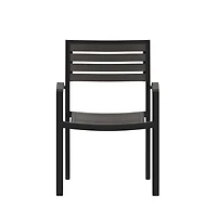 Set Of Two Aluminum Stacking Chairs With Faux Teak Slatted Back And Seat Accented Arms